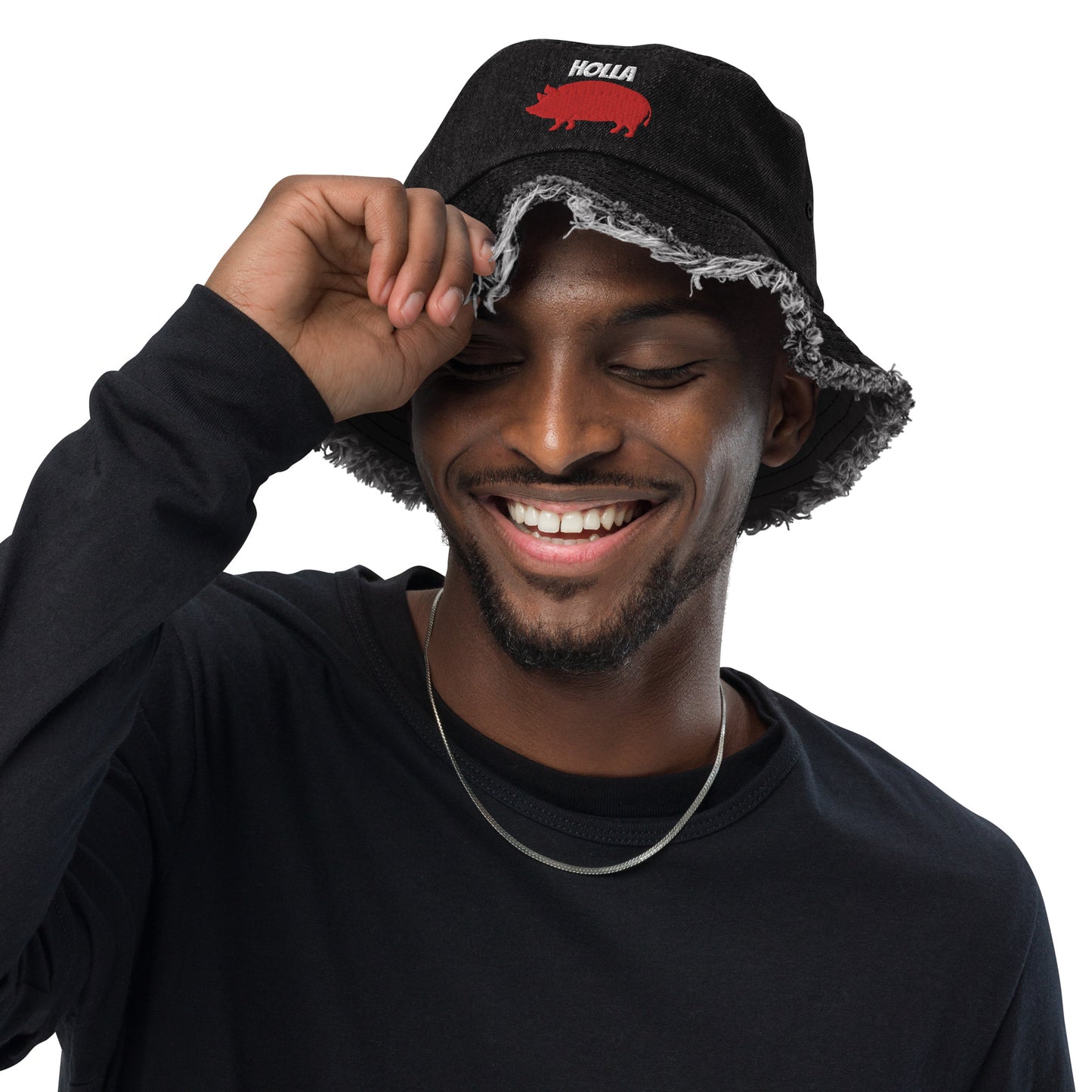 HOLLA Bucket Hats! Black, Distressed Denim