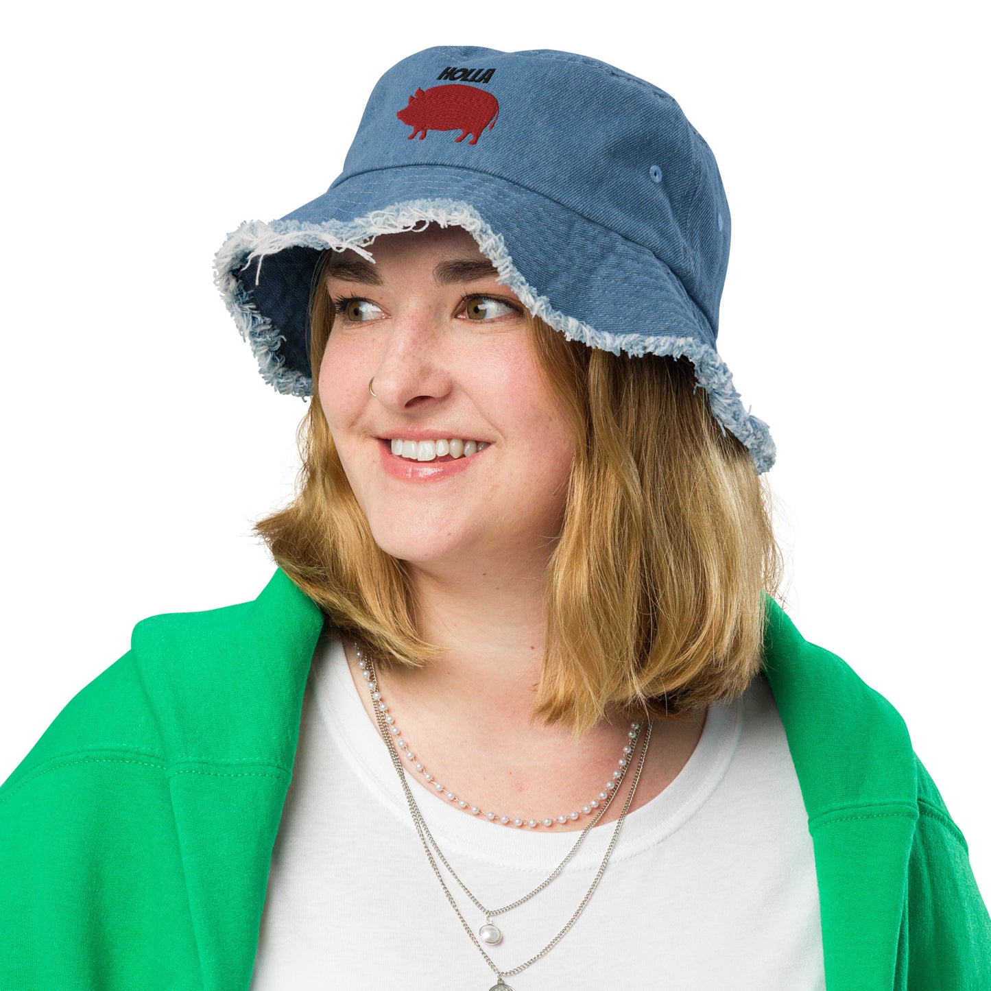 HOLLA Bucket Hats! Light, Distressed Denim