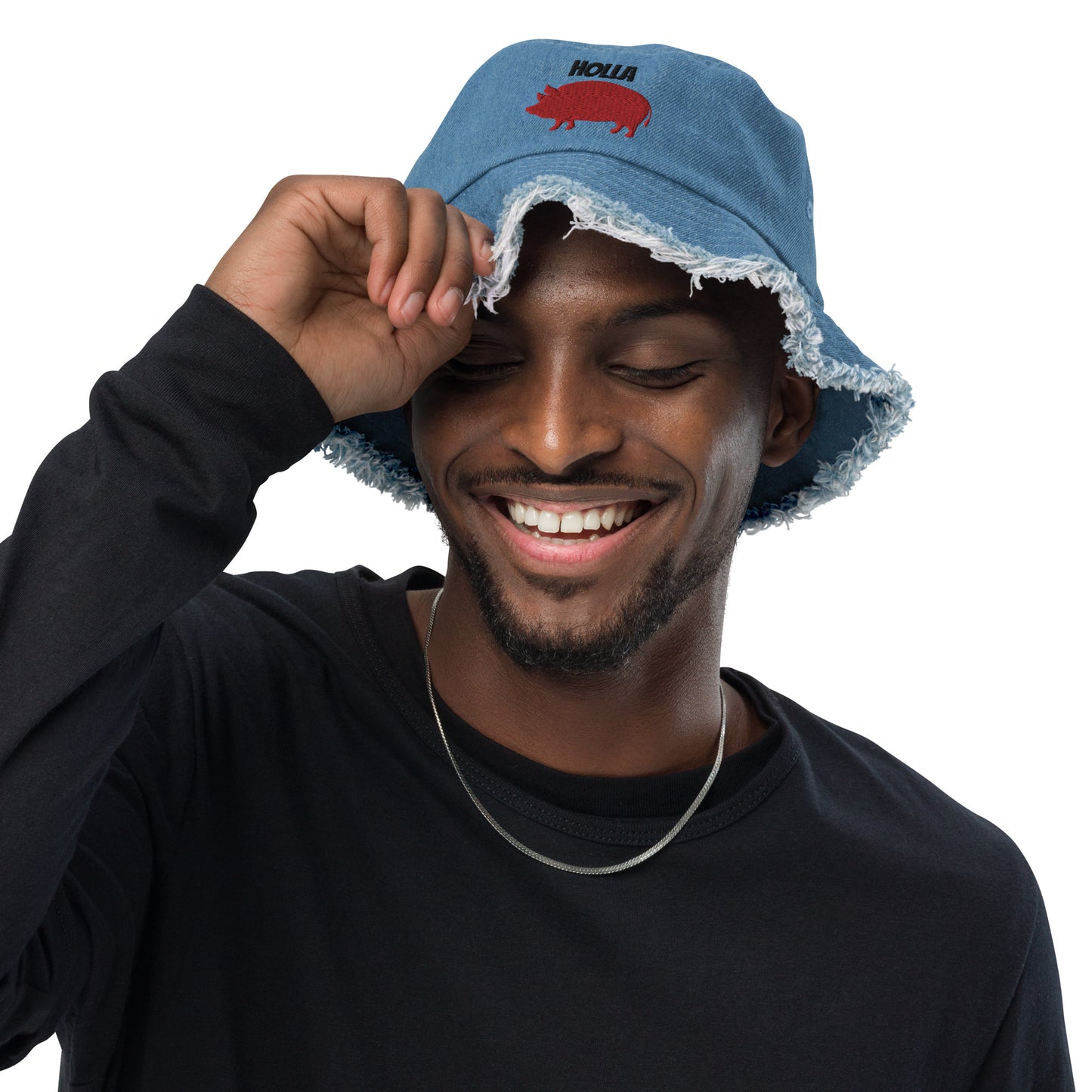 HOLLA Bucket Hats! Light, Distressed Denim