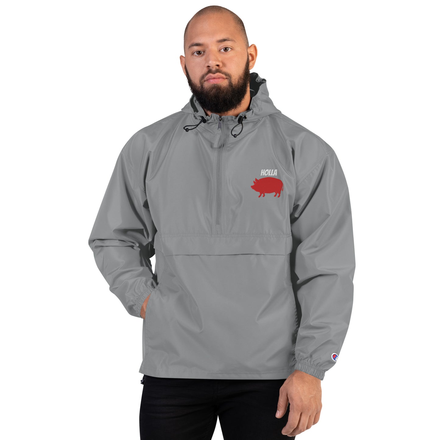 HOLLA Adult! Black or Gray Embroidered Champion Packable Jacket