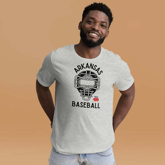 Arkansas Baseball Catcher Mask White or Gray Unisex Tee